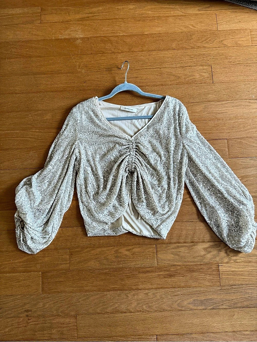 Sequin Ruched Cropped Blouse in Silver Like New